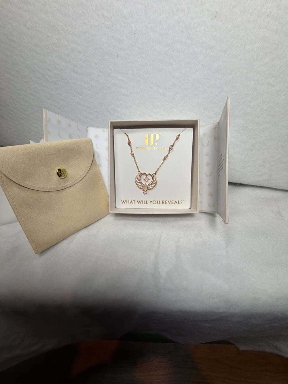 BP Soft Farewell Rose Gold Genuine Moonstone Angel Wing Heart Necklace Halo